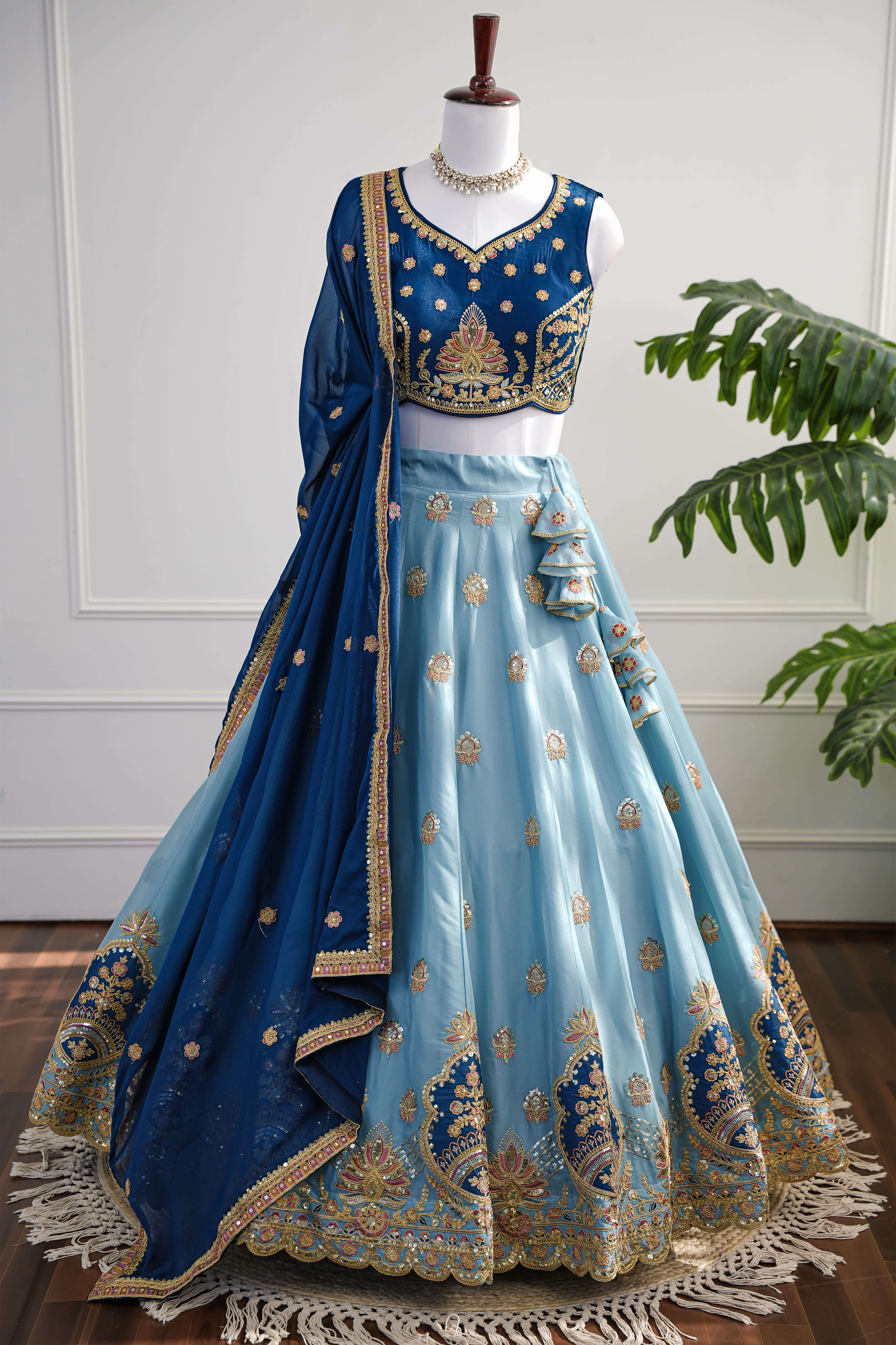 Regal Navy & Sky-Blue Embroidered Lehenga Set