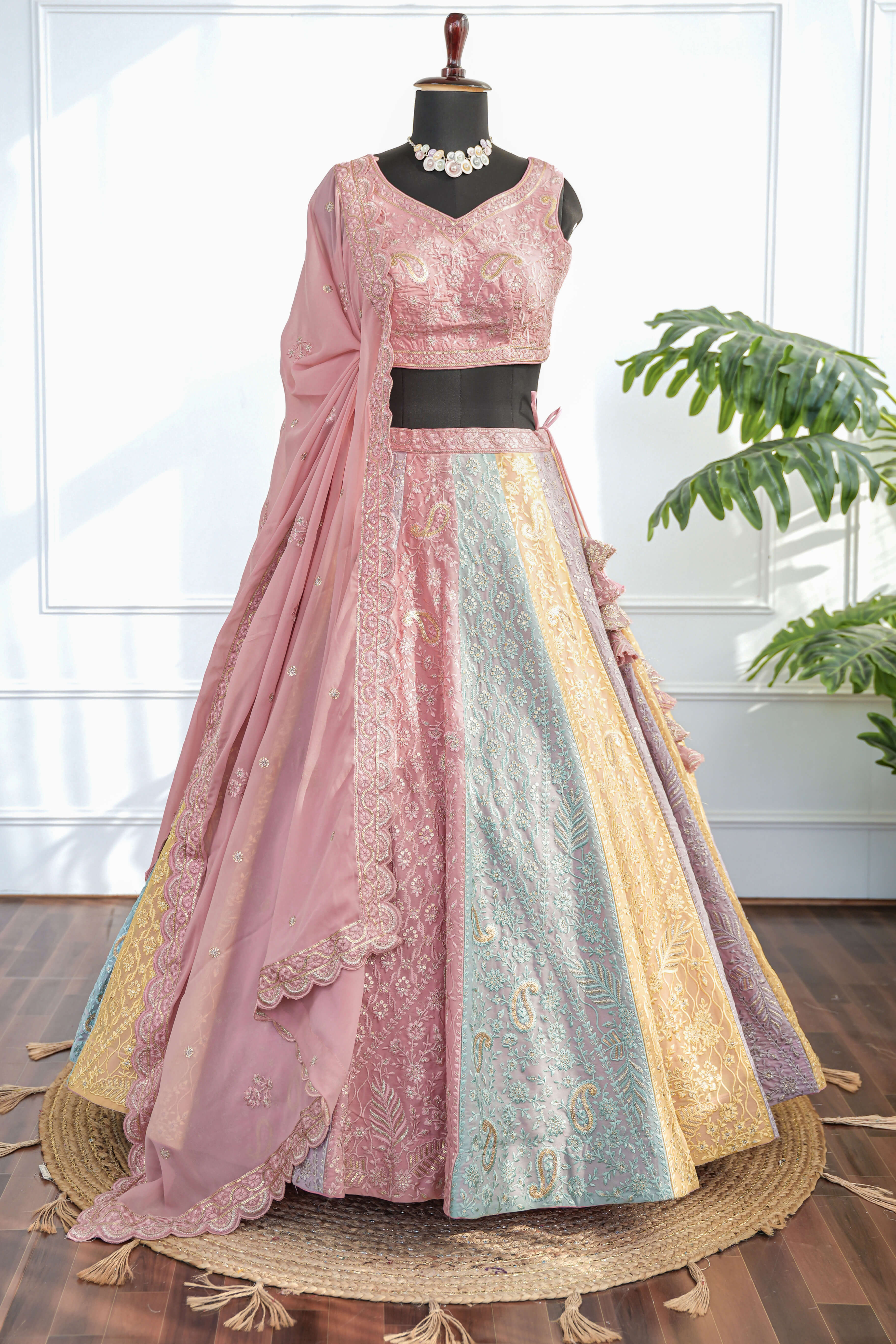 Pastel Panelled Multicolor Embroidered Lehenga