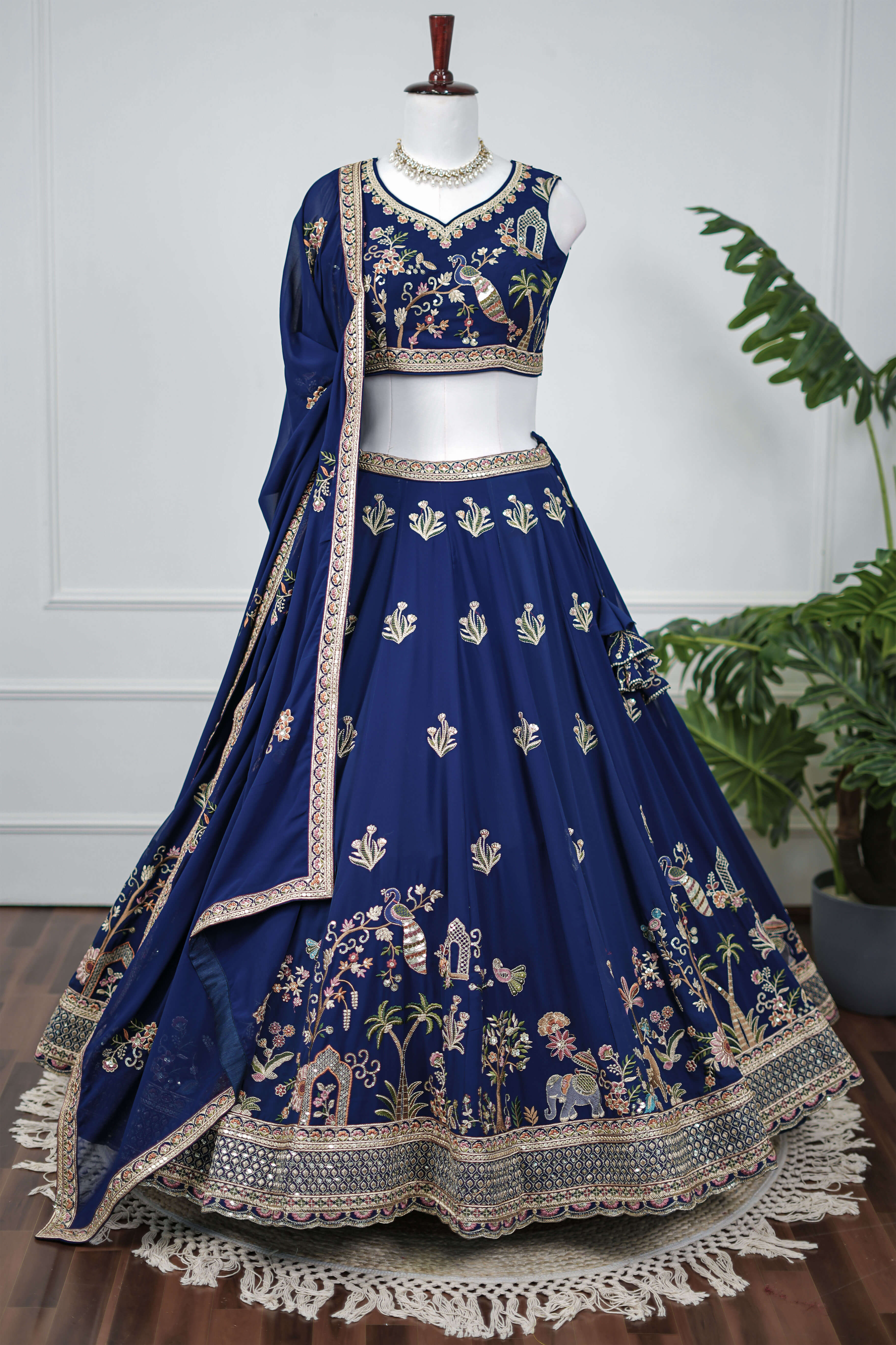 Royal Blue Embroidered Peacock Motif Lehenga Set
