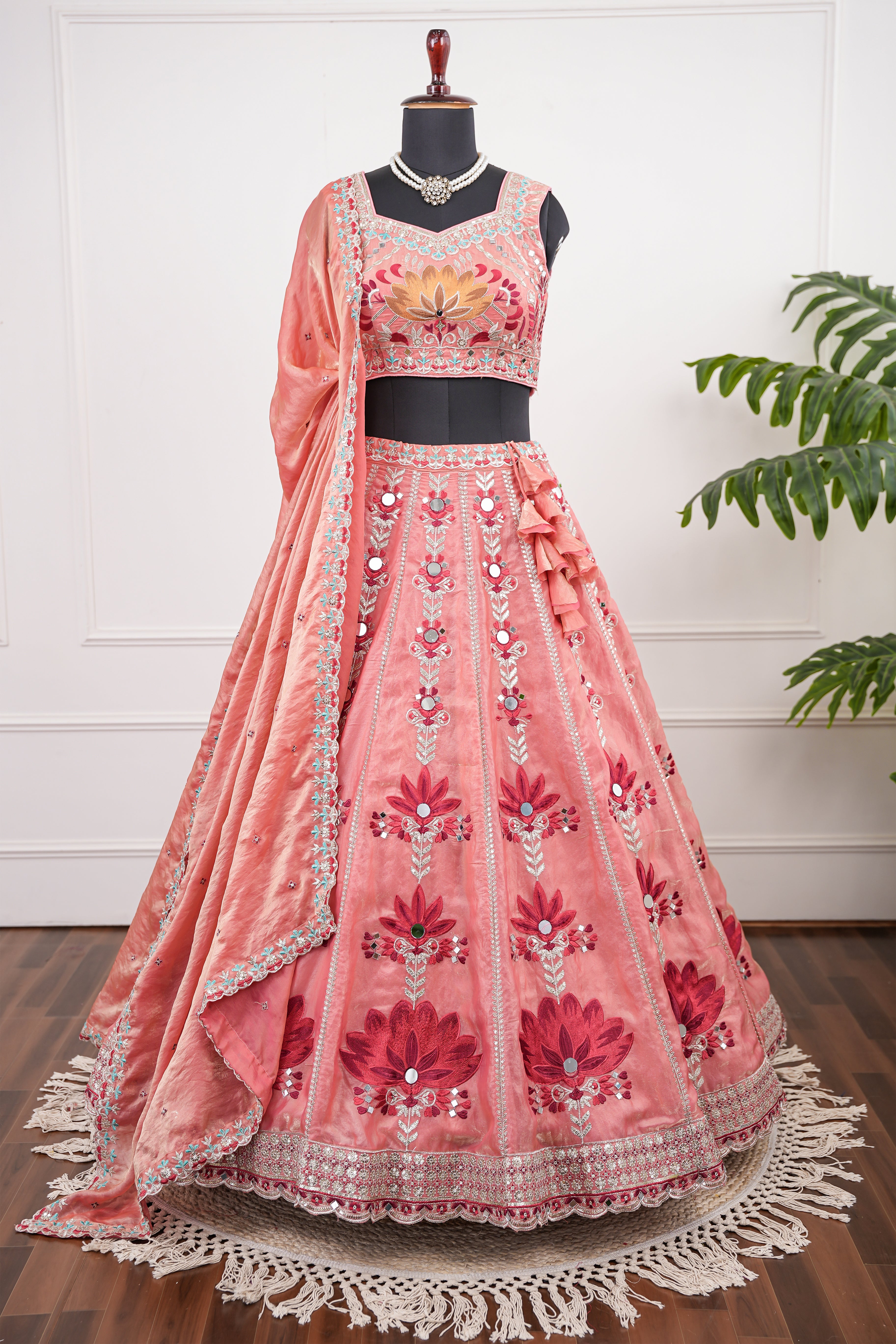 Peach Pink Embroidered Lehenga with Mirror Work