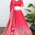 Ombre Pink Lehenga with Mirror and Peacock Motif Embroidery