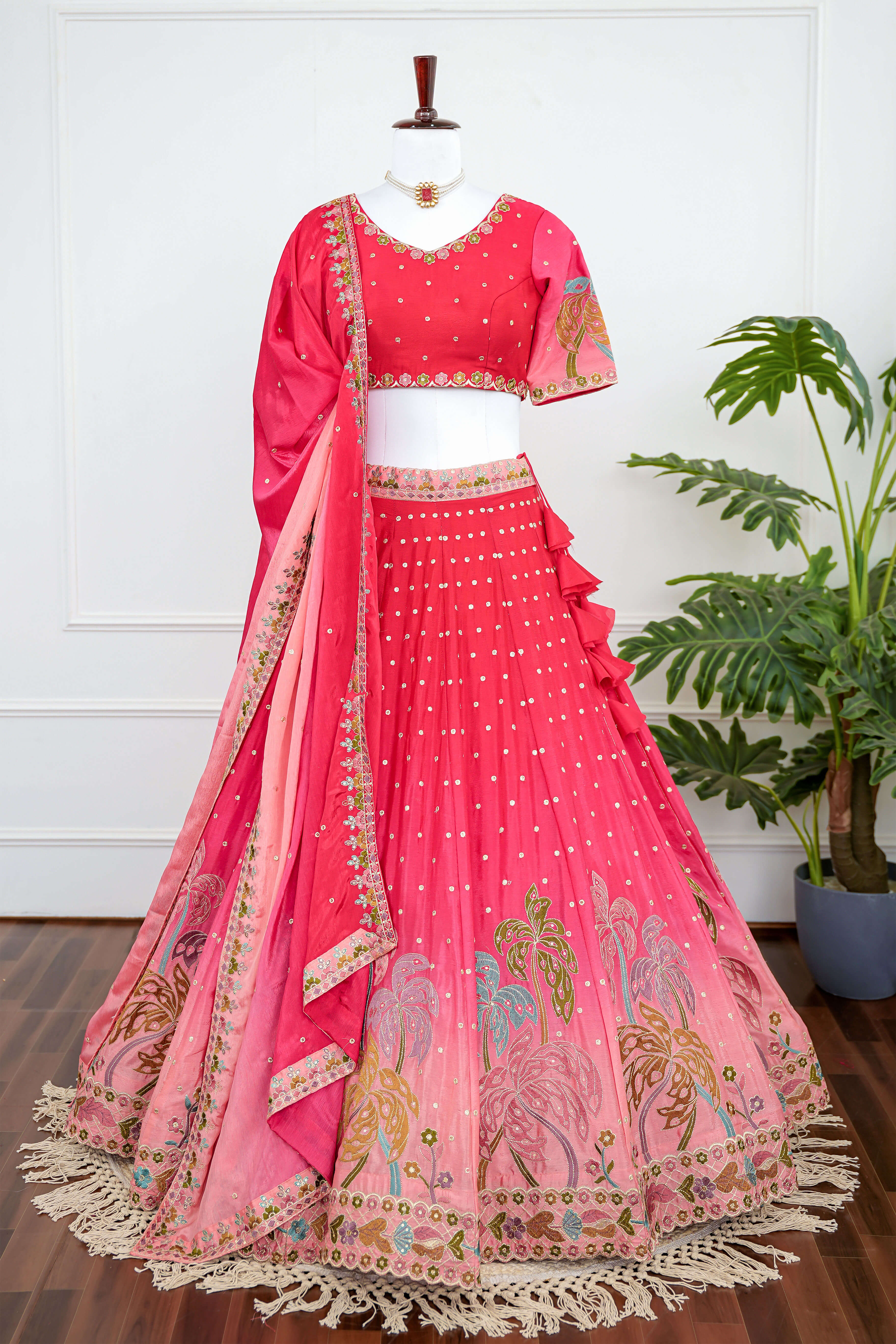 Ombre Pink Lehenga with Mirror and Peacock Motif Embroidery